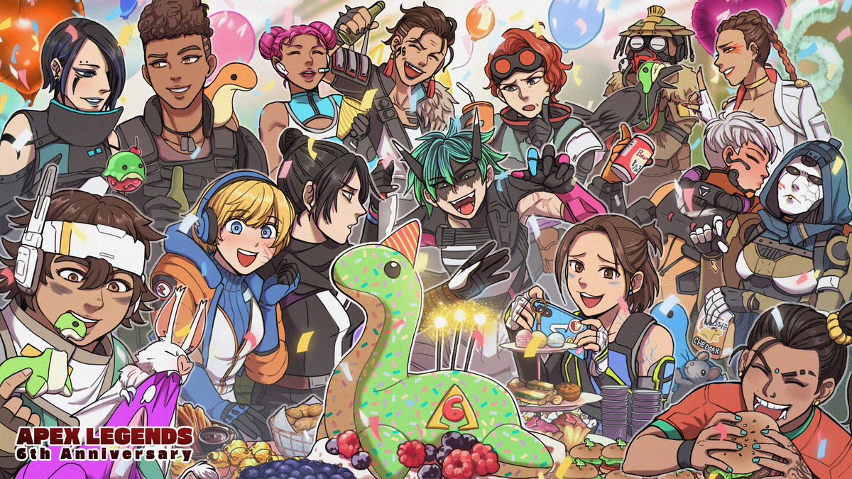 6周年ムードもう終わってる！？いや今シーズンはずっと6周年だ！🤪
という事で女子会のネッシーパーティ🦕女レジェンドのほうが人数多くて大変だった…😂
#ApexLegendsファンアート 
x.com/tun_jilu/statu…
