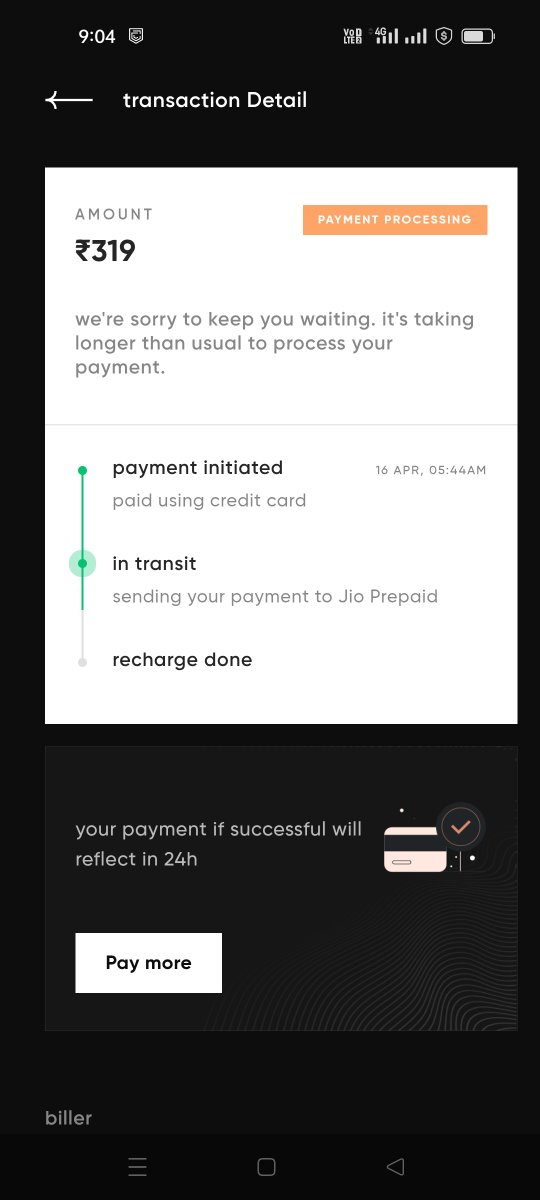 mahendar07's tweet photo. @CRED_club I recharged my mobile but still it is in process 
. Cred always does it like this , recharge done after one day , pathetic! https://t.co/vqxBawdQd1