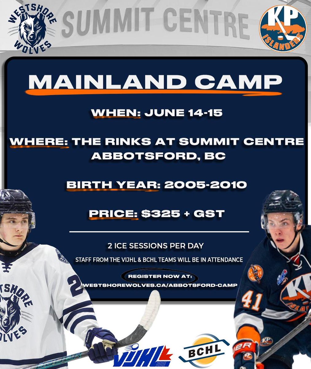 The Westshore Wolves and Kerry Park Islanders are conjoining for a VIJHL Spring ID Camp for 2005-2010 born players on June 14-15, 2025 at the Rinks at Summit Centre.

Camp cost is $325 + GST processing fees.

Register now at docs.google.com/forms/d/e/1FAI…