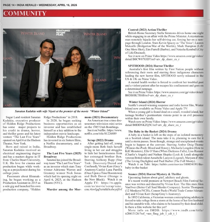 sanatankadakia1's tweet photo. Thank you "India Herald" for covering this story. I truly appreciate the mention of all the projects I have been involved with!
#sugarland #Houston #independentfilmmaking #indiefilm
Link:->https://t.co/VRfnMNXFxP