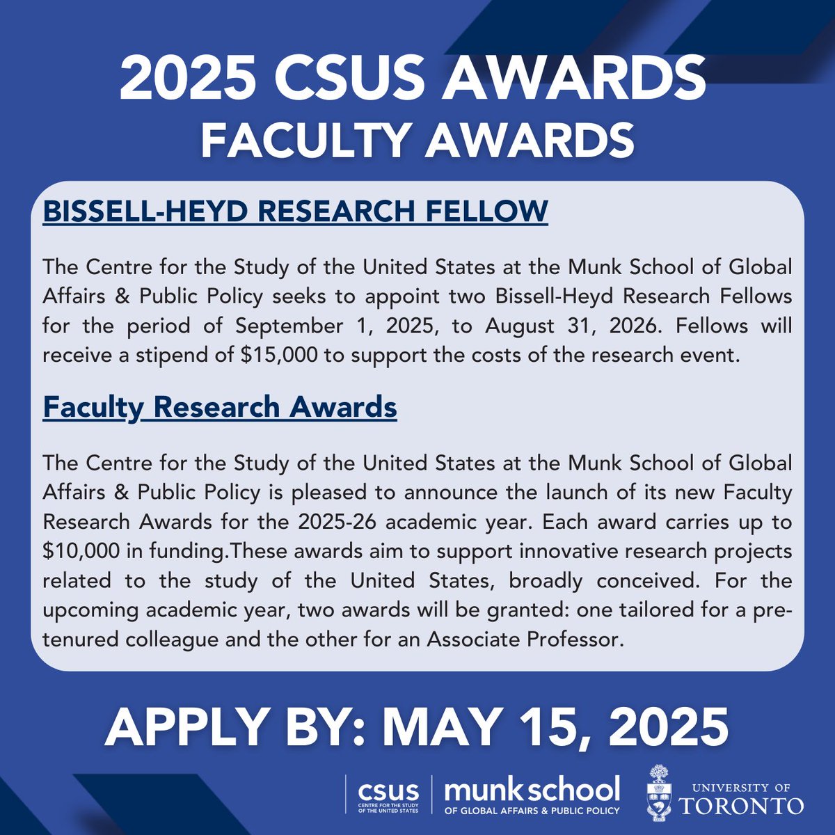 The 2025–26 CSUS Awards are now live! 🎉 Open to UofT undergrads, grads &amp; faculty across all campuses and disciplines. Up to $6,000 available! Apply by May 15! 👉 munkschool.utoronto.ca/csus/student-a…