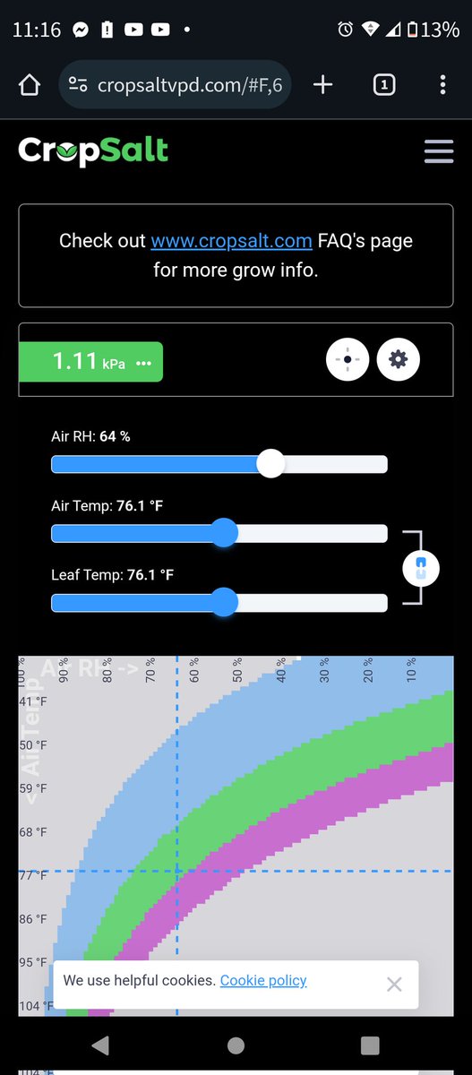 Humidity 63.9 / temp 75.5 /leaf temp 75 / 1.11 kps no humidifier or dehumidifier exhaust fan set to exchange air in the room when humidity hits 66% that happens every 2 to 3 hours. pH between 5.7 to 6.3 oscillating fan on low. Running with it.