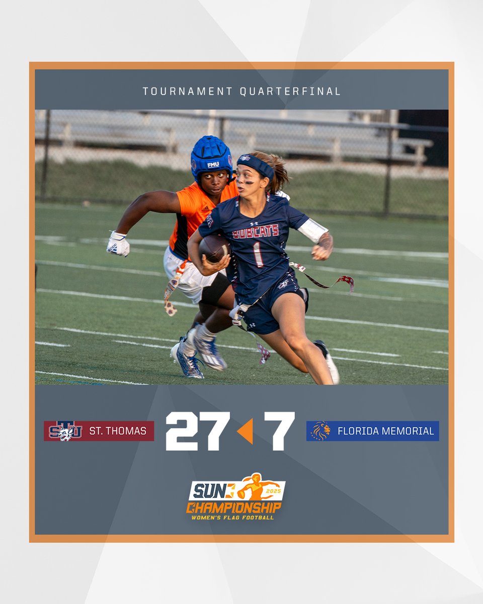 The Sun Conference (@sunconference) on Twitter photo 🏆 <a href="/STU_WFlagFB/">STU Women's Flag Football</a> is semifinal bound!
St. Thomas takes down Florida Memorial 27-7 to advance in the #SUNWFLAG Tournament. The Bobcats will face Keiser on Friday in Thomasville, Ga! 🏆 <a href="/STU_WFlagFB/">STU Women's Flag Football</a> is semifinal bound!
St. Thomas takes down Florida Memorial 27-7 to advance in the #SUNWFLAG Tournament. The Bobcats will face Keiser on Friday in Thomasville, Ga!