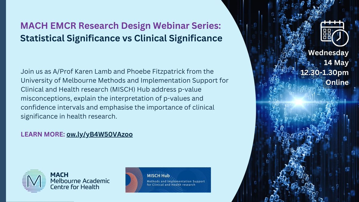Melbourne Academic Centre for Health (@machaustralia) on Twitter photo Join us Wed 14 May as A/Prof Karen Lamb & Phoebe Fitzpatrick <a href="/MischHub/">MISCH Research Hub</a> address p-value misconceptions, explain the interpretation of p-values & confidence intervals & emphasise the importance of clinical significance in health research.
Register ➡️ ow.ly/yB4W50VAzoo #EMCR Join us Wed 14 May as A/Prof Karen Lamb & Phoebe Fitzpatrick <a href="/MischHub/">MISCH Research Hub</a> address p-value misconceptions, explain the interpretation of p-values & confidence intervals & emphasise the importance of clinical significance in health research.
Register ➡️ ow.ly/yB4W50VAzoo #EMCR