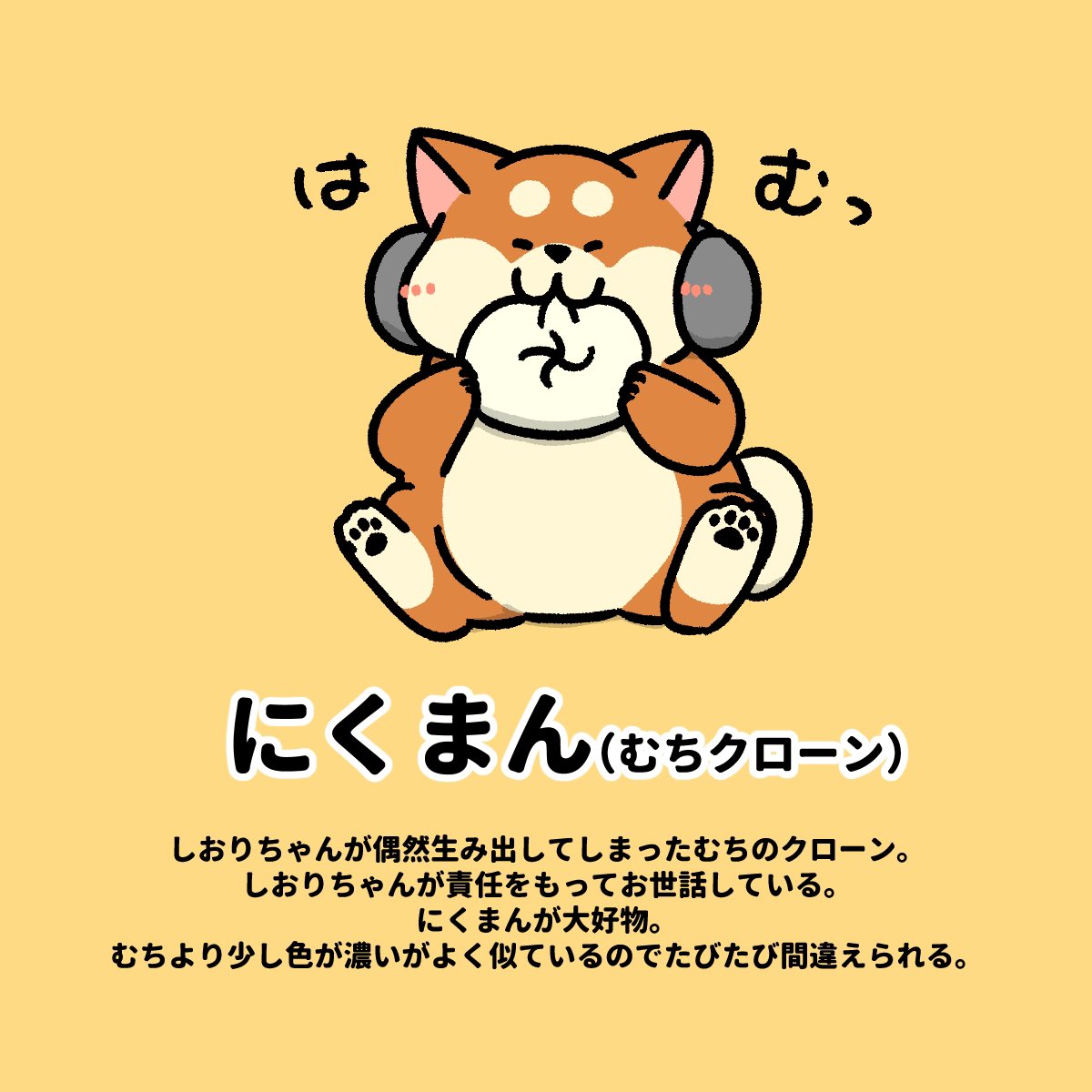 🐾キャラクター紹介🐾 むちのクローンは名前はにくまんです😋 しおりちゃんにとっては元々肉まんなので、そう呼ぶことになりました  ちなみに耳当ては身体の一部でとれません 食いしん坊のお世話にしおりちゃんは日々追われています #柴犬 #キャラクター紹介 #にくまん