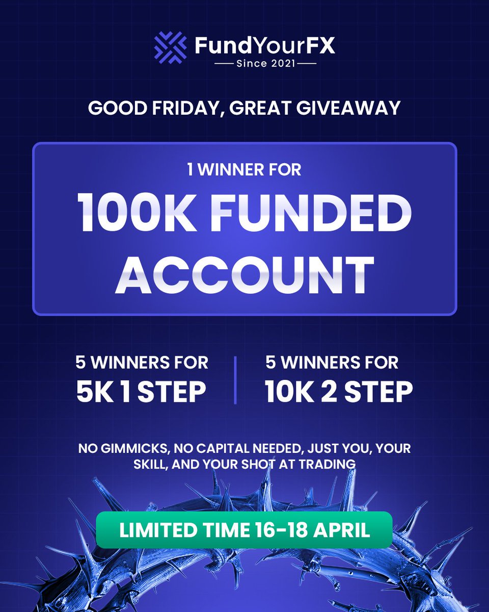 Pin The Market (@babswolabi) on Twitter photo This giveaway is happening at <a href="/FundYourFX/">FundYourFX - Prop Firm</a>
GIVEAWAY FOR 11 WINNERS
No Consistency Rule, No Daily Drawdown, Max Growth
How to Enter:
✅ Follow us <a href="/fundyourfx/">FundYourFX - Prop Firm</a>
✅ Repost this giveaway post on X
✅ Tag 3 trading buddies with #FundYourFXGiveaway ends April 18
fundyourfx.com This giveaway is happening at <a href="/FundYourFX/">FundYourFX - Prop Firm</a>
GIVEAWAY FOR 11 WINNERS
No Consistency Rule, No Daily Drawdown, Max Growth
How to Enter:
✅ Follow us <a href="/fundyourfx/">FundYourFX - Prop Firm</a>
✅ Repost this giveaway post on X
✅ Tag 3 trading buddies with #FundYourFXGiveaway ends April 18
fundyourfx.com
