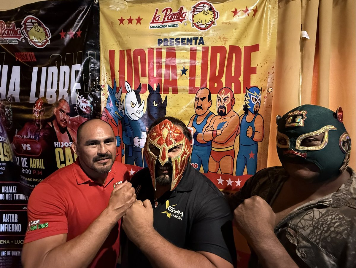 LuchaLibreCancu's tweet photo. 🤼‍♂️ 🦏 🏴‍☠️ Presentación de la cartelera. Lucha Estelar se presenten por primera vez juntos en Cancún los tres “Rhinoxxx Crash”, en los personajes de Rhino Extreme, Rhino Cyberg y Rhino Killer, ante Corsario Jr., Rey Espartano y Tizoc, quienes forman os “Hijos de la Calle”. https://t.co/Ch4TIqwxEI