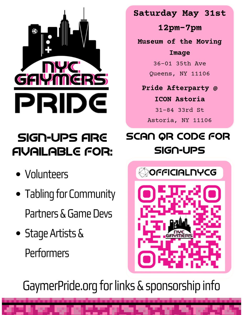 NYC Gaymers #YouBelong (@officialnycg) on Twitter photo Want to be part of #GaymerPride 2025? Sign-Ups are open for Volunteers, Tabling, and Stage Performers & Artists. Scan the QR Code and our sign-up forms are on our Linktree (linktr.ee/OfficialNYCG). Email Pride@gaymers.nyc for any questions or support #YouBelong #nycpride #pride Want to be part of #GaymerPride 2025? Sign-Ups are open for Volunteers, Tabling, and Stage Performers & Artists. Scan the QR Code and our sign-up forms are on our Linktree (linktr.ee/OfficialNYCG). Email Pride@gaymers.nyc for any questions or support #YouBelong #nycpride #pride
