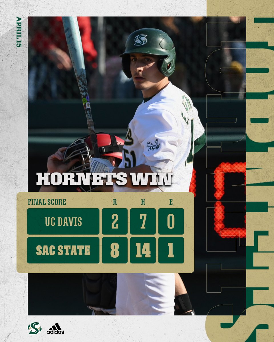𝙃𝙊𝙍𝙉𝙀𝙏𝙎 𝙒𝙄𝙉!
Sacramento State evens up the Causeway series with an 8-2 win in Davis on Tuesday night...
⚾️Kligman: 2x4, 2 2B, GW RBI
⚾️White: 3x5, 2B, HR, 3RBI
⚾️Christiansen: 2x5, 2RBI
⚾️Pimentel-Guerrero: 3x5
⚾️Halverson (W): 2IP-1K
#StingersUp