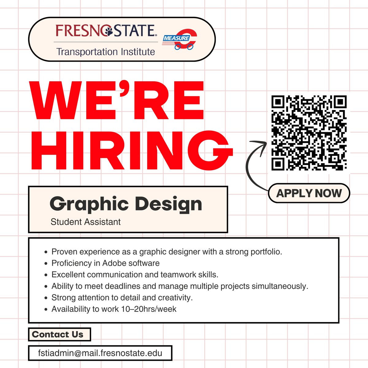 🚨 We're Hiring: Graphic Design Student Assistant! 🎨

FSTI is on the lookout for a creative, detail-driven student to join our team! If you’ve got an eye for design and love working on social media content, flyers, and event materials—this is for you!