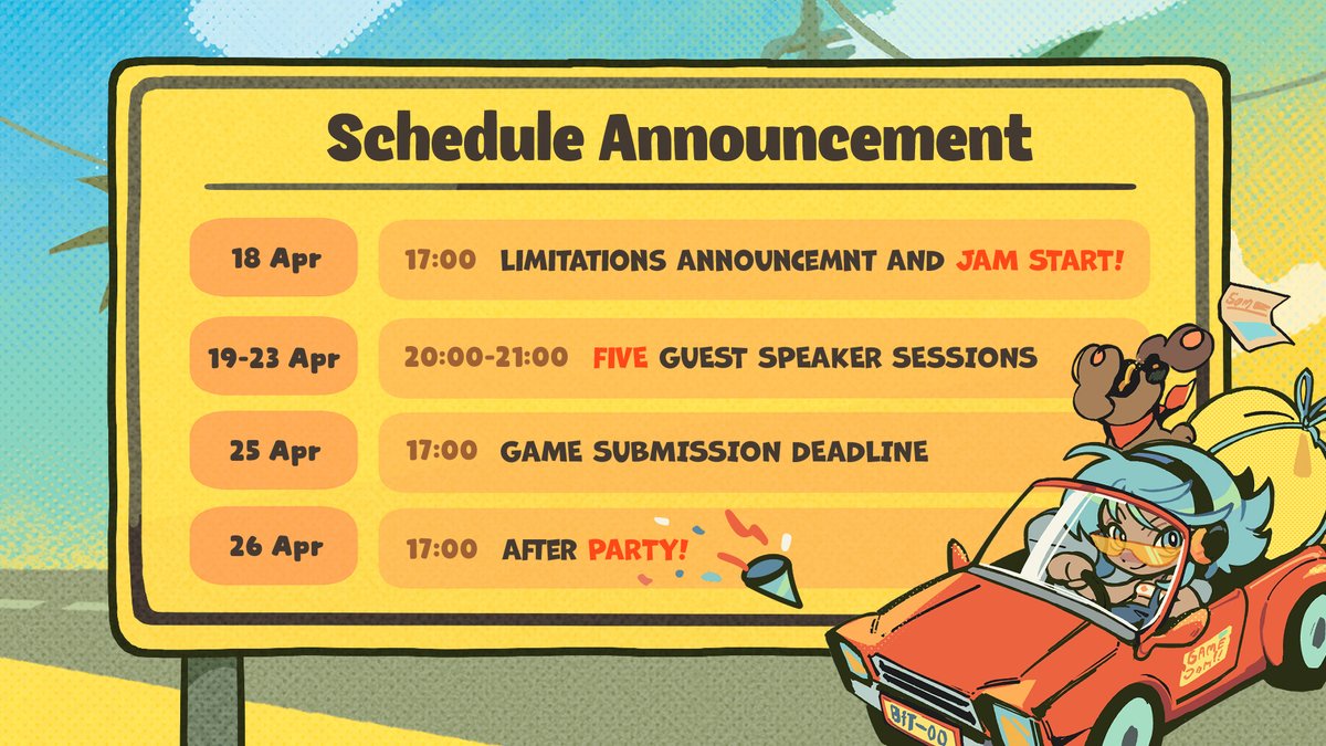 Thailand Summer Jam 2025: Road Trip is almost here! 🚗💨

📅 Event Schedule ⬇️

🎮 18 Apr: Limitations Revealed &amp; Jam Start (live on Discord at 5PM)
🎤 19-23 Apr: Speaker Sessions (20:00-21:00 GMT+7)
📝 25 Apr: Submission Deadline (5PM)
🎉 26 Apr: After Party @ Bit Egg BKK