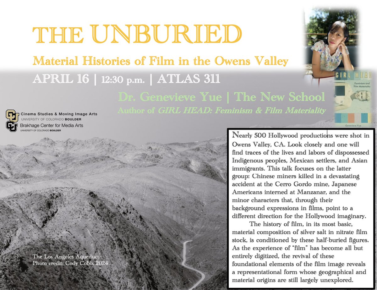 Material Histories of Film in the Owens Valley: Dr. Genevieve Yue
📍ATLAS 3311
🕛 12:30 PM
This talk uncovers the overlooked lives of Chinese miners, Japanese American incarcerees, and others whose labor shaped both the land and the silver nitrate film itself.