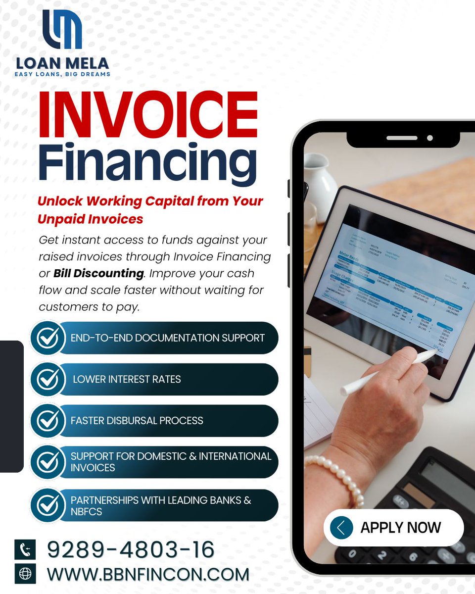 LoanMelaa's tweet photo. Boost Your Cash Flow Instantly with Sales Bill Discounting!
Convert unpaid invoices into immediate working capital with Loan Bull by BBN Fincon.

📞 9289-4803-16
🌐 https://t.co/iCPAwsOLze
📌 Managed by BBN Fincon Pvt. Ltd. https://t.co/ehuzWDHBzm