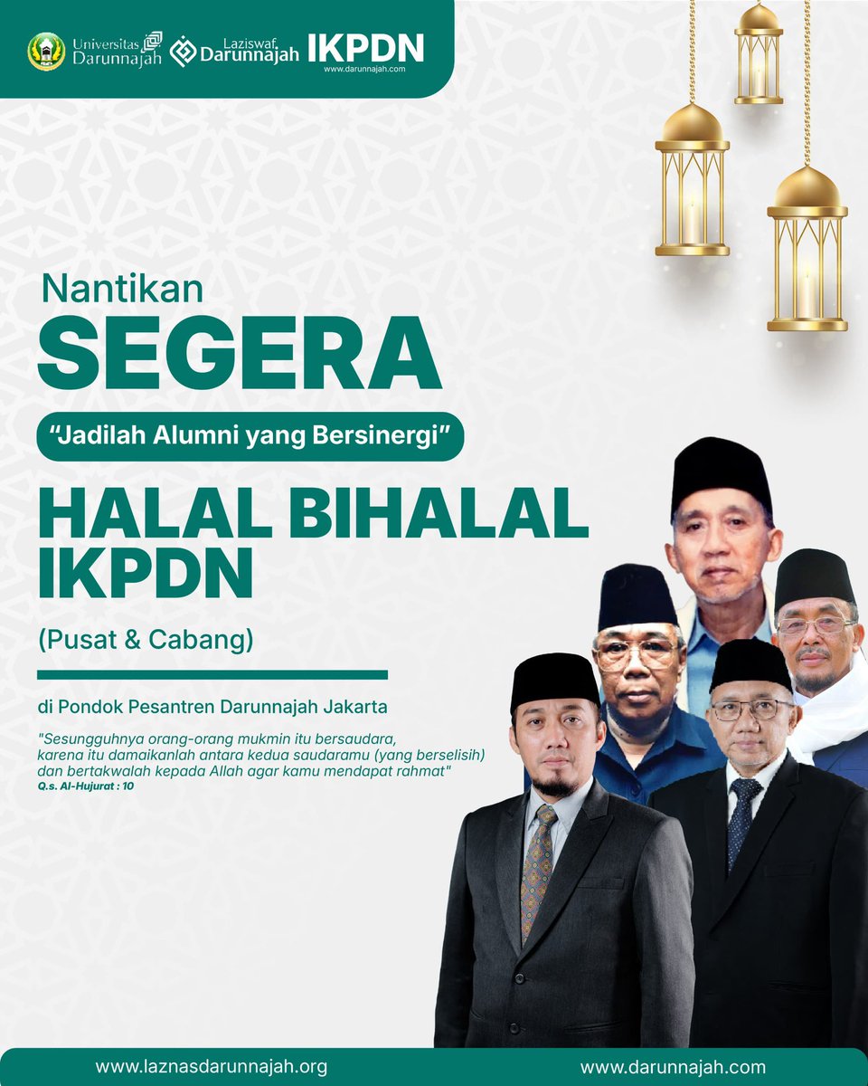 Pondok Pesantren Darunnajah (@darunnajah_jkt) on Twitter photo 📣 Rindu suasana pondok?
📣 Ingin bertemu sahabat seperjuangan?
Kami mengundang seluruh Alumni Darunnajah untuk hadir dan meramaikan:
✨ HALAL BIHALAL IKPDN DARUNNAJAH 2025
🕌 Tempat: Pondok Pesantren Darunnajah Jakarta 📣 Rindu suasana pondok?
📣 Ingin bertemu sahabat seperjuangan?
Kami mengundang seluruh Alumni Darunnajah untuk hadir dan meramaikan:
✨ HALAL BIHALAL IKPDN DARUNNAJAH 2025
🕌 Tempat: Pondok Pesantren Darunnajah Jakarta