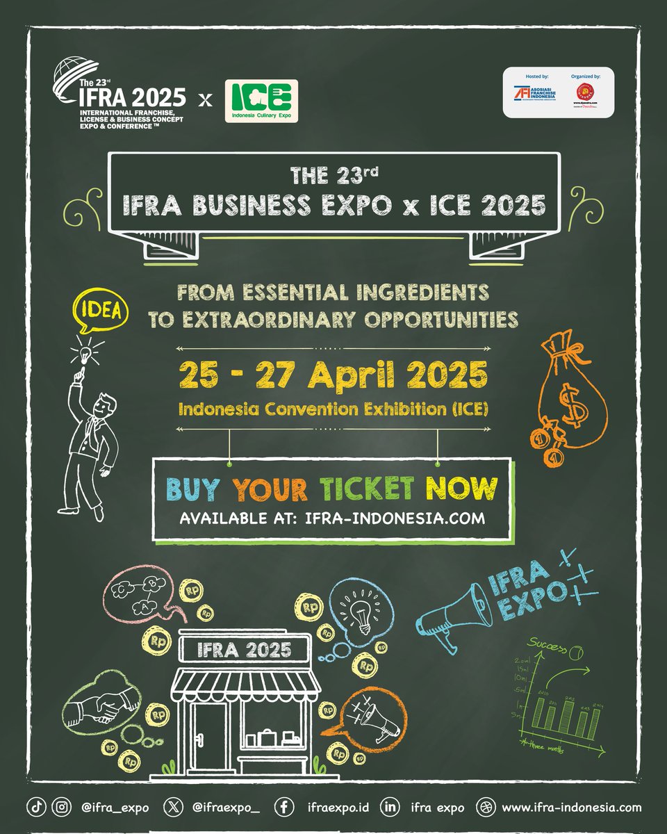 𝐁𝐮𝐲 𝐲𝐨𝐮𝐫 𝐭𝐢𝐜𝐤𝐞𝐭 𝐧𝐨𝐰, 𝐨𝐧𝐥𝐲 𝐚𝐯𝐚𝐢𝐥𝐚𝐛𝐥𝐞 𝐚𝐭:
🔗ifra-indonesia.com

🚀 From Essential Ingredients to Extraordinary Opportunies.
📌 For further information
📩 Contact us:
marketing@ifra-indonesia.com

#IFRAExpo #License #Franchise
#pameranlicense