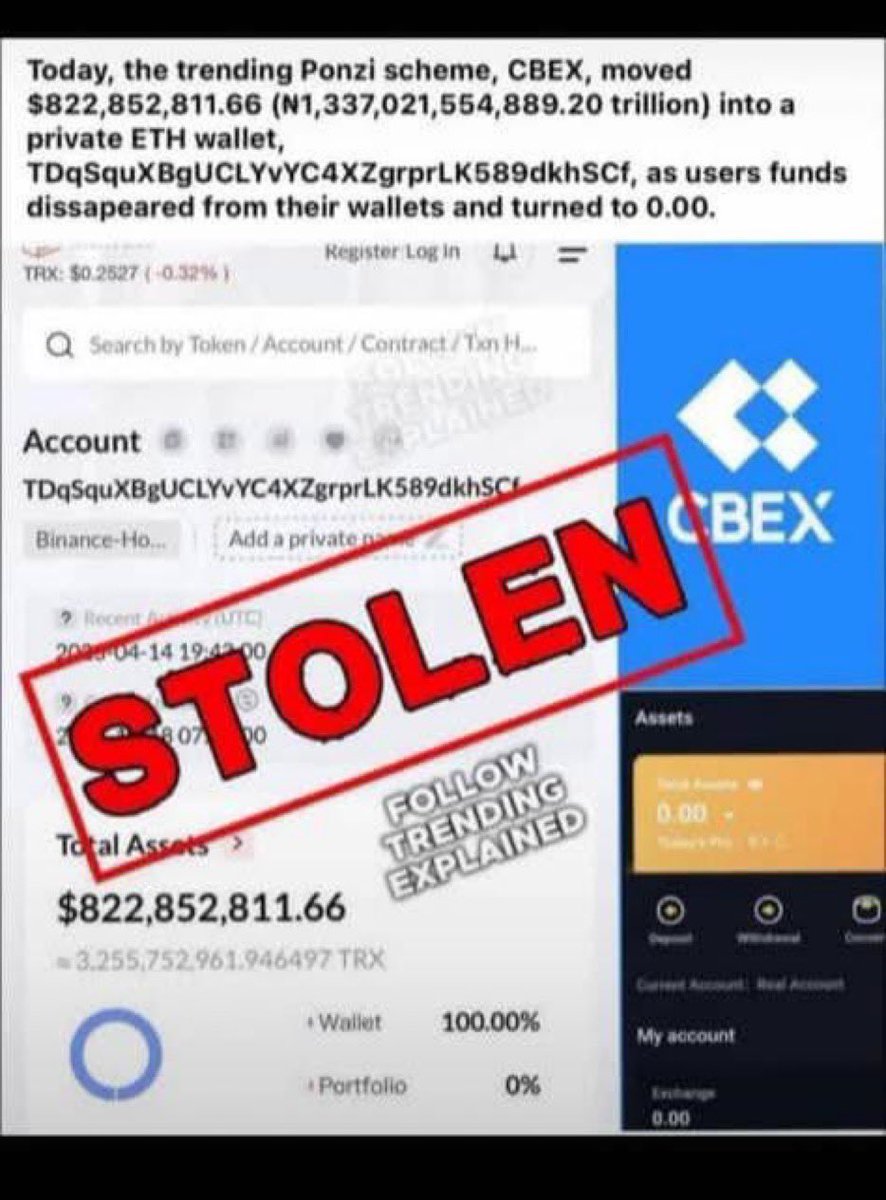 cliffepond1235's tweet photo. CBEX admin just moved 822 million dollars (Over 1 trillion Naira) into a private ETH wallet https://t.co/uYZPPntgDG