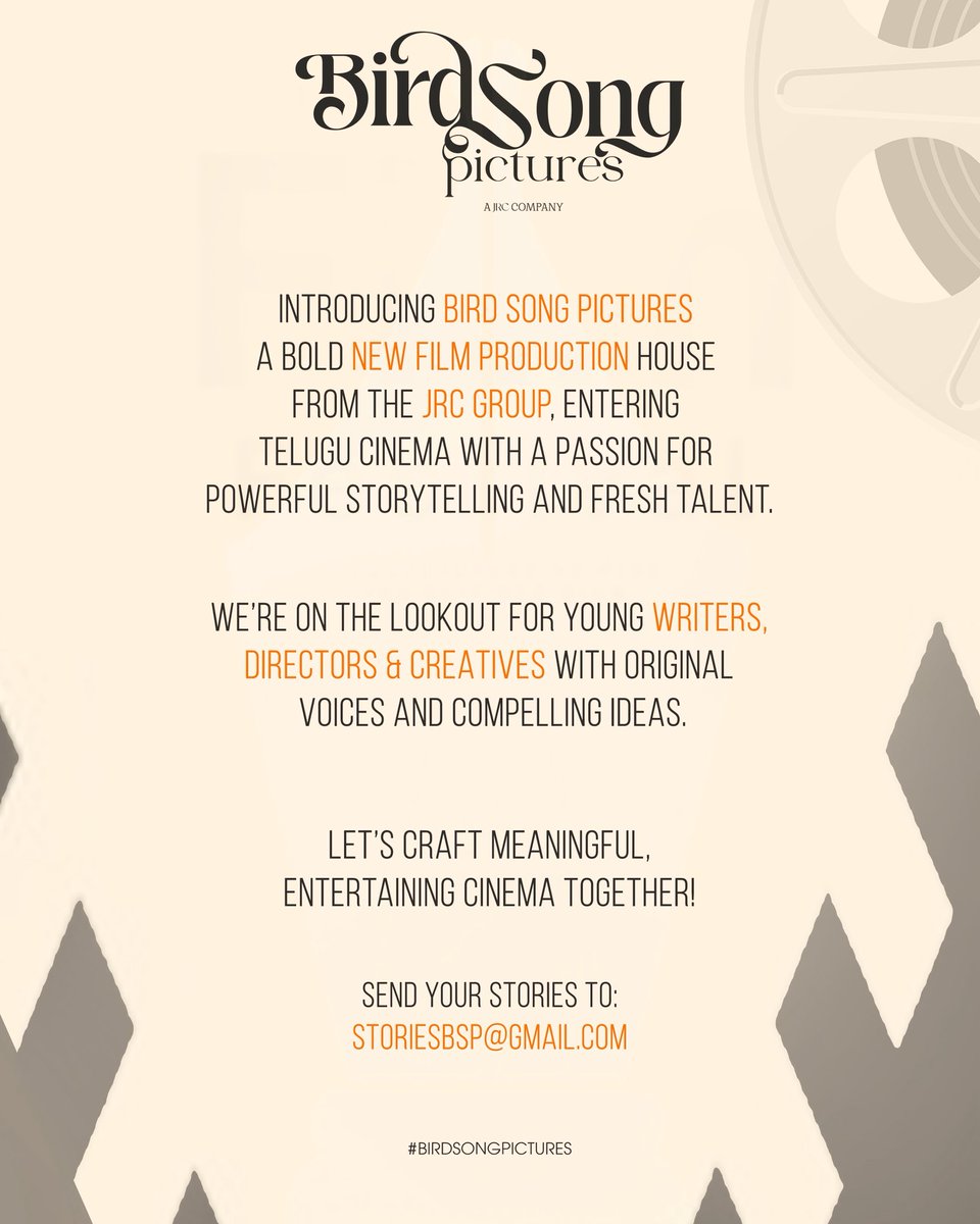 BirdSongPicoffl's tweet photo. A new beginning in to the world of cinema 🎬❤️‍🔥

Proudly launching @BirdSongPicoffl to bring exciting narratives to life  🤗

We are now looking for storytellers who create with heart, soul, and a spark of madness.

Send your stories to StoriesBSP@gmail.com

#BirdSongPictures https://t.co/giZUIFncn0