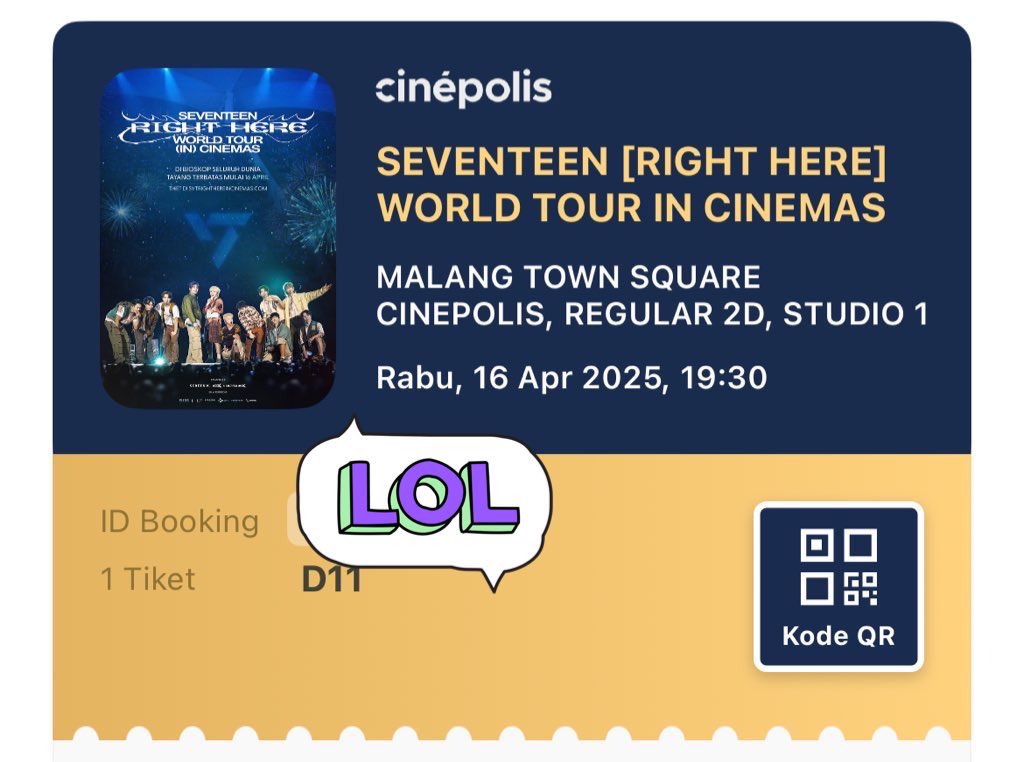 dreamabtmingyu's tweet photo. WTS SEVENTEEN RIGHT HERE WORLD TOUR IN CINEMAS, CINEPOLIS MALANG TOWN SQUARE MATOS BUAT RABU 16 APRIL 2025 150K

dijual krn mau ke luar kota gak bisa nonton https://t.co/4hJ0TiPvX7