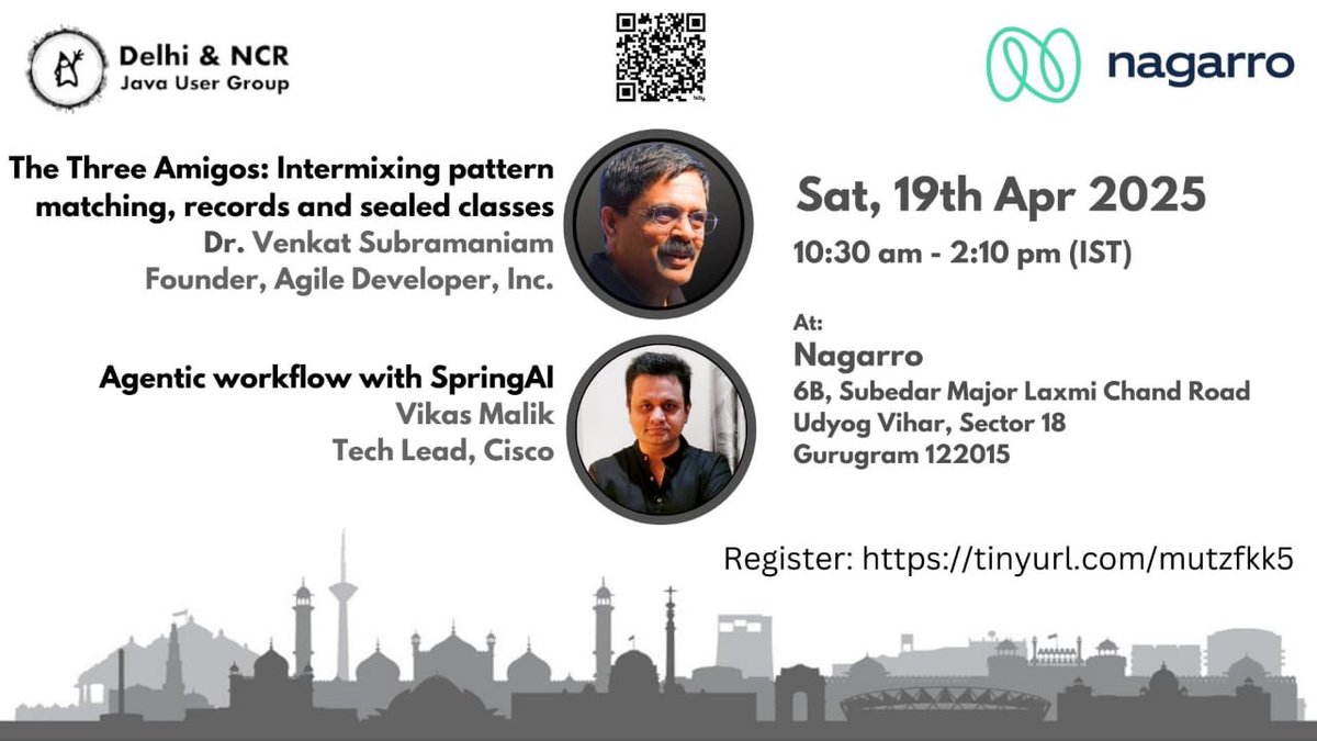 Delhi & NCR JUG (@delhijug) on Twitter photo Join us at New Java Features & Agentic AI Workflows on April 19, 2025
meetu.ps/e/P0CRs/q2Fds/i
Speakers:
<a href="/venkat_s/">Venkat Subramaniam</a> - Learn about the new Java capabilities from very best
<a href="/_vikasM/">Vikas Malik</a> - Get your hands dirty with AI mud Join us at New Java Features & Agentic AI Workflows on April 19, 2025
meetu.ps/e/P0CRs/q2Fds/i
Speakers:
<a href="/venkat_s/">Venkat Subramaniam</a> - Learn about the new Java capabilities from very best
<a href="/_vikasM/">Vikas Malik</a> - Get your hands dirty with AI mud