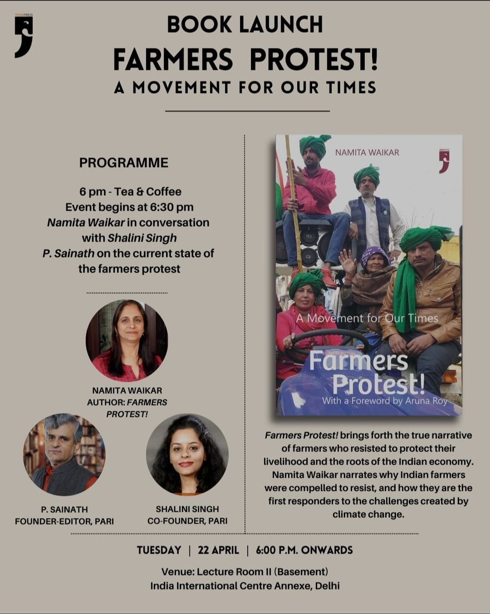 Namita Waikar नमिता वाईकर نمیتا وائکر (@namitawaikar) on Twitter photo Thrilled to share my book:
FARMERS PROTEST! A Movement for Our Times
#YodaPress Do come for the Book Launch on Tuesday, 22 April 2025, 6:00PM at IIC Annexe Lecture Room 2, New Delhi. I will be in conversation with <a href="/Shalininess/">Shalini Singh 🇮🇳 / ਸ਼ਾਲਿਨੀ ਸਿੰਘ / शालिनी सिंह</a>
Concluding talk by <a href="/PSainath_org/">P. Sainath</a> Thrilled to share my book:
FARMERS PROTEST! A Movement for Our Times
#YodaPress Do come for the Book Launch on Tuesday, 22 April 2025, 6:00PM at IIC Annexe Lecture Room 2, New Delhi. I will be in conversation with <a href="/Shalininess/">Shalini Singh 🇮🇳 / ਸ਼ਾਲਿਨੀ ਸਿੰਘ / शालिनी सिंह</a>
Concluding talk by <a href="/PSainath_org/">P. Sainath</a>