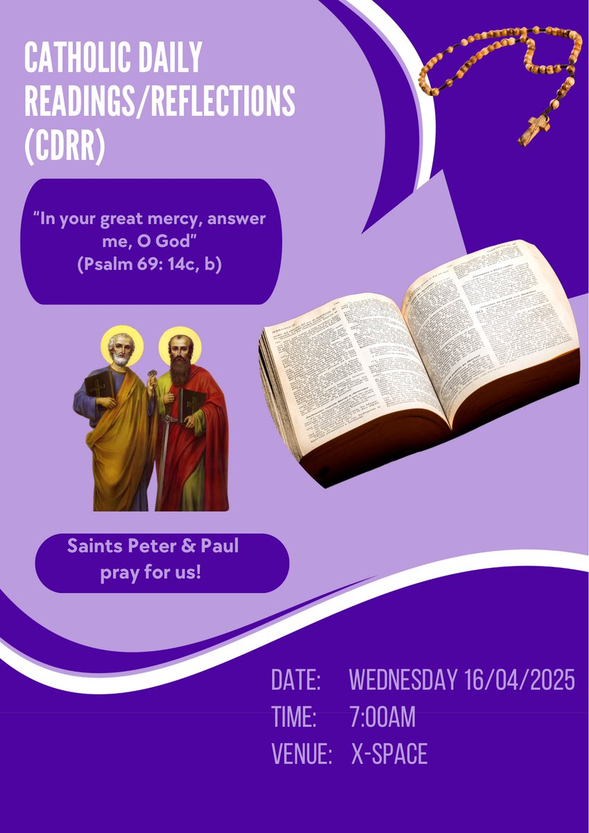 “In your great mercy, answer me, O God” (Psalm 69: 14c, b)

It’s the Wednesday of the Holy Week. Please join us at 7am as we reflect on the amazing words of God for us today. 

#CatholicTwitter #CatholicChurch #CatholicX #CatholicDailyReadings