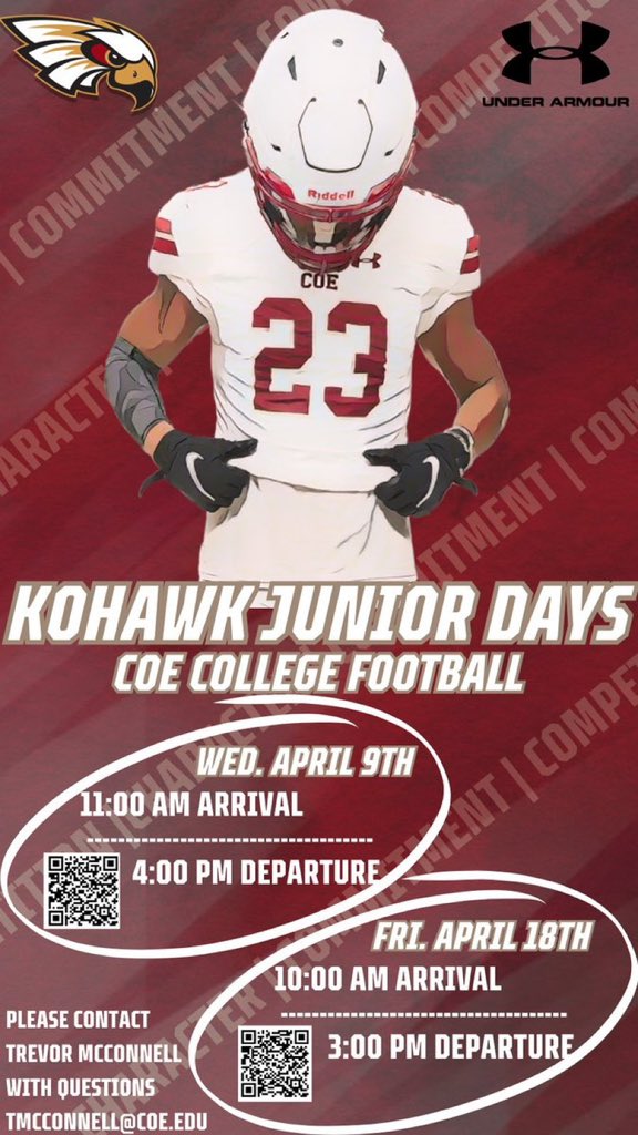 Thank you <a href="/Coach_TMcC/">Coach Trevor McConnell</a> for the junior day invite. 
<a href="/KohawksFootball/">Coe College Football</a> 
<a href="/OwyheeFB/">Owyhee Football</a> 
<a href="/MrBurton09/">Jason Burton</a> 
<a href="/NickFarman55/">Nick Farman M.S.</a>