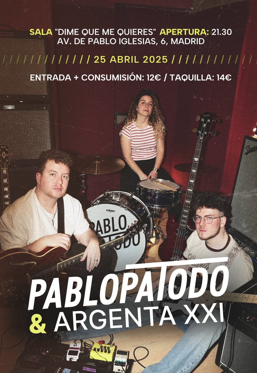Friendly reminder de que cuando acabe la Semana Santa tenemos un concierto que estamos preparando con mucho cariño.

Será el ultimo bolo antes del nuevo disco y queremos tocar las canciones antiguas antes de que vengan las nuevas. ¿Fin de gira, supongo?

entradium.com/events/pablopa…