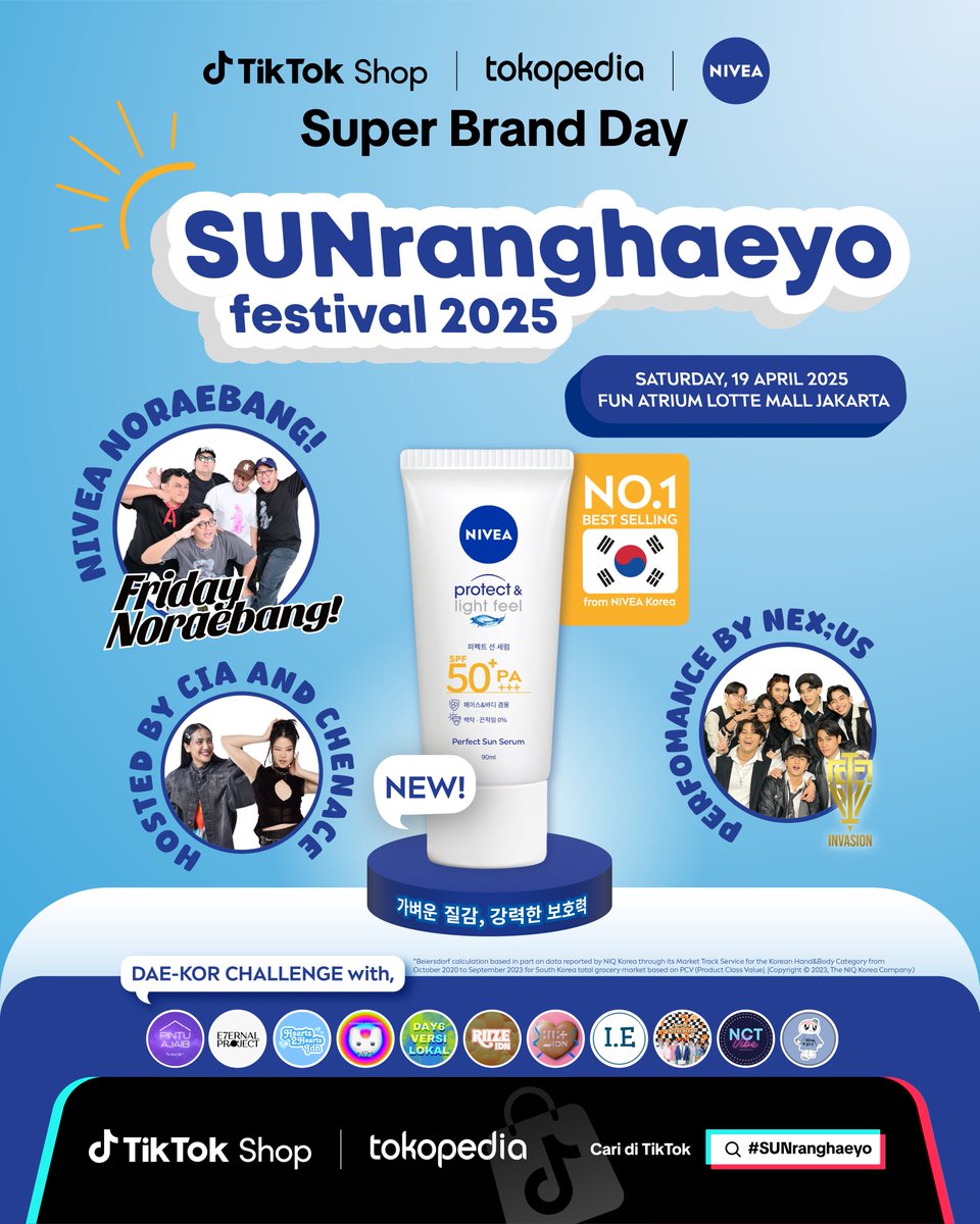 FridayNoraebang's tweet photo. Sabtu besok masih long weekend nihh~ Bingung mau kemana? Ke sini aja yuk ramein!

SUNranghaeyo Festival 2024 by NIVEA x TikTok
🗓️ 19 April 2025
🕖 19.00
📍 Fun Atrium, Lotte Mall Jakarta

Ajak temen-temen peridolan kalian buat seru-seruan bareng

#SUNranghaeyo 
#NIVEASUNranghaeyo https://t.co/VIGr0pgixF
