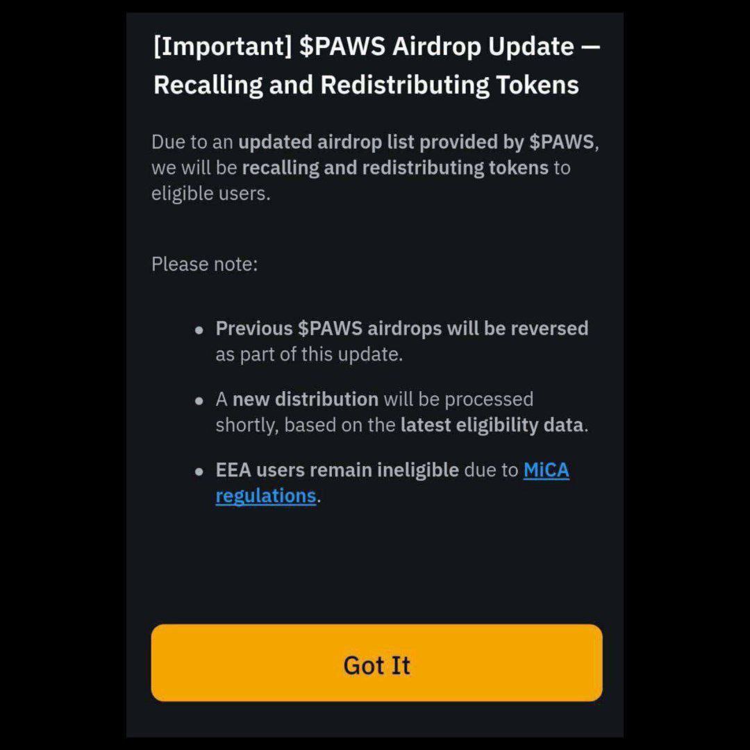 Petchiammal123's tweet photo. $PAWS Update 🔔🔔

🔻 #paws has been removed from Bybit

Bybit shared an updated airdrop list, and the tokens will be redistributed.

This is because some users received too many tokens, while others didn’t get any.
#pawslisting #PAWSlistBitget https://t.co/VZS3RmHunu