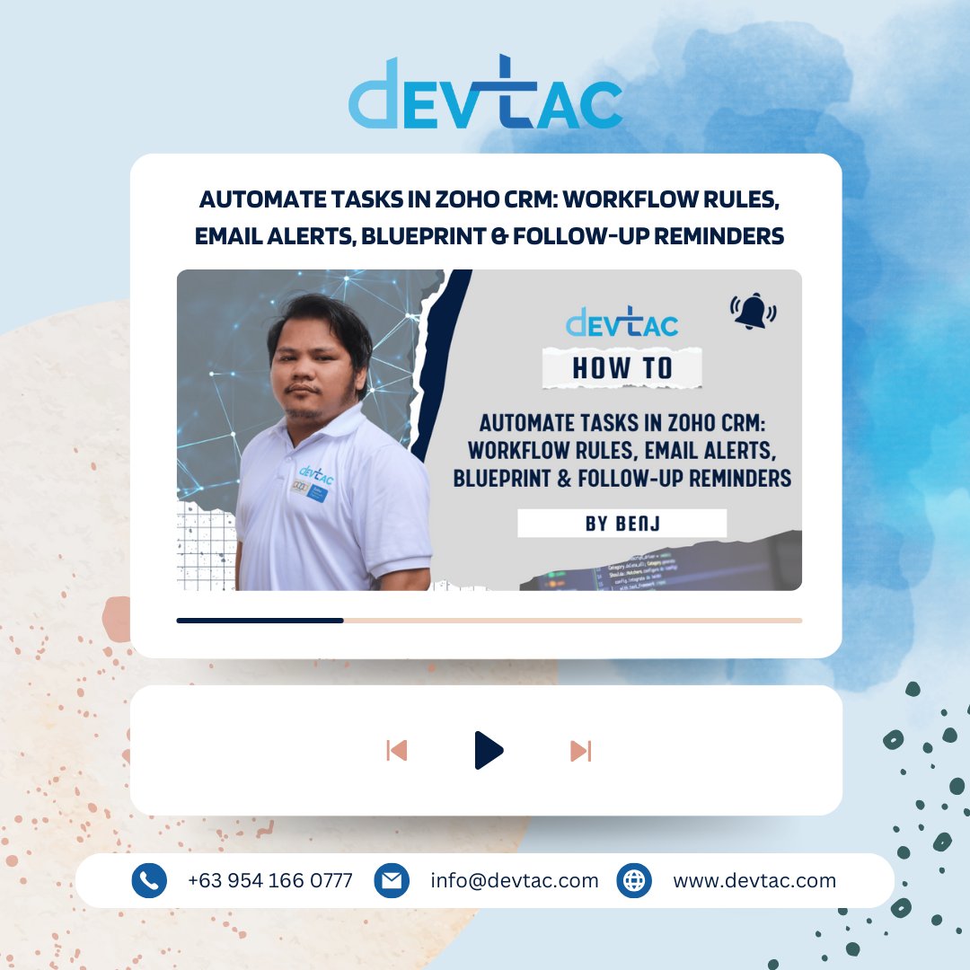 devtaccrminc's tweet image. Make your work easier with Zoho CRM! 🚀
Automate tasks using Workflow Rules, Email Alerts, Blueprints, and Follow-up Reminders—no more manual work.
Watch the full video here 👉 zurl.co/45zpU
#ZohoCRM #AutomationMadeEasy #CRMWorkflow #ProductivityTips #SalesAutomation