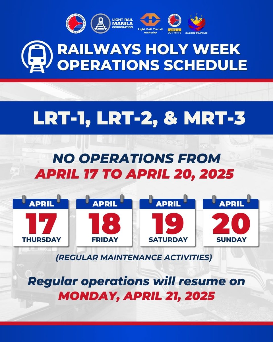 DOTrPH's tweet photo. 𝐇𝐎𝐋𝐘 𝐖𝐄𝐄𝐊 𝐌𝐀𝐈𝐍𝐓𝐄𝐍𝐀𝐍𝐂𝐄 𝐒𝐂𝐇𝐄𝐃𝐔𝐋𝐄 𝐎𝐅 𝐑𝐀𝐈𝐋𝐖𝐀𝐘 𝐋𝐈𝐍𝐄𝐒
Have a safe and blessed Holy Week!
#DOTrPH🇵🇭 #KomyuterMuna #DOTrMRT3 #LRT1 #LRT2 #LRTA #LRMC #PNR #OplanBiyahengAyos #SemanaSanta2025
https://t.co/X6u7mRY0mT https://t.co/Km0YFFNWW6