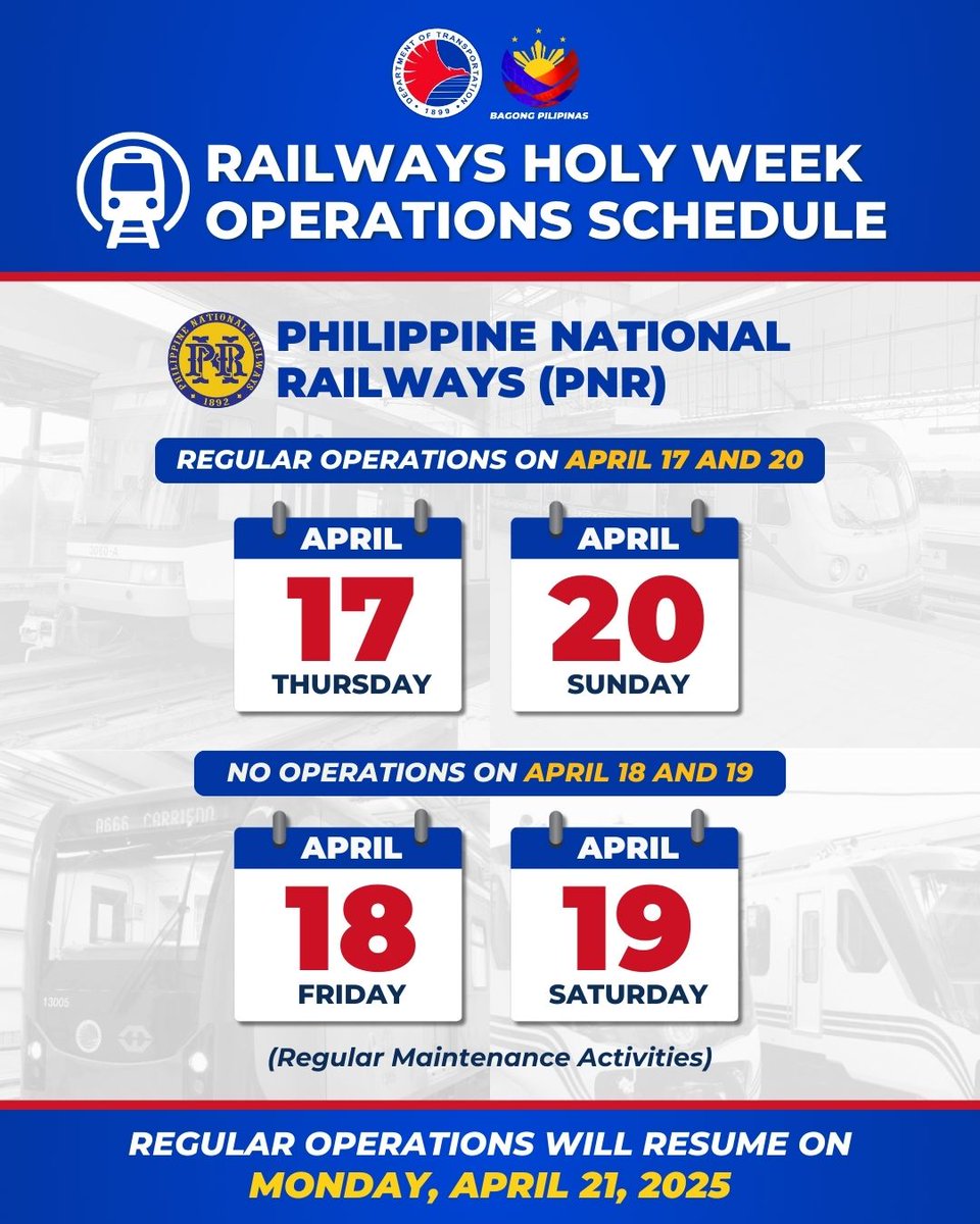 DOTrPH's tweet photo. 𝐇𝐎𝐋𝐘 𝐖𝐄𝐄𝐊 𝐌𝐀𝐈𝐍𝐓𝐄𝐍𝐀𝐍𝐂𝐄 𝐒𝐂𝐇𝐄𝐃𝐔𝐋𝐄 𝐎𝐅 𝐑𝐀𝐈𝐋𝐖𝐀𝐘 𝐋𝐈𝐍𝐄𝐒
Have a safe and blessed Holy Week!
#DOTrPH🇵🇭 #KomyuterMuna #DOTrMRT3 #LRT1 #LRT2 #LRTA #LRMC #PNR #OplanBiyahengAyos #SemanaSanta2025
https://t.co/X6u7mRY0mT https://t.co/Km0YFFNWW6