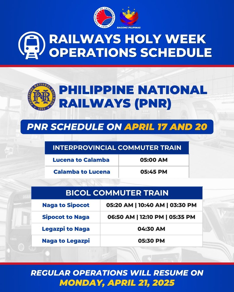 DOTrPH's tweet photo. 𝐇𝐎𝐋𝐘 𝐖𝐄𝐄𝐊 𝐌𝐀𝐈𝐍𝐓𝐄𝐍𝐀𝐍𝐂𝐄 𝐒𝐂𝐇𝐄𝐃𝐔𝐋𝐄 𝐎𝐅 𝐑𝐀𝐈𝐋𝐖𝐀𝐘 𝐋𝐈𝐍𝐄𝐒
Have a safe and blessed Holy Week!
#DOTrPH🇵🇭 #KomyuterMuna #DOTrMRT3 #LRT1 #LRT2 #LRTA #LRMC #PNR #OplanBiyahengAyos #SemanaSanta2025
https://t.co/X6u7mRY0mT https://t.co/Km0YFFNWW6