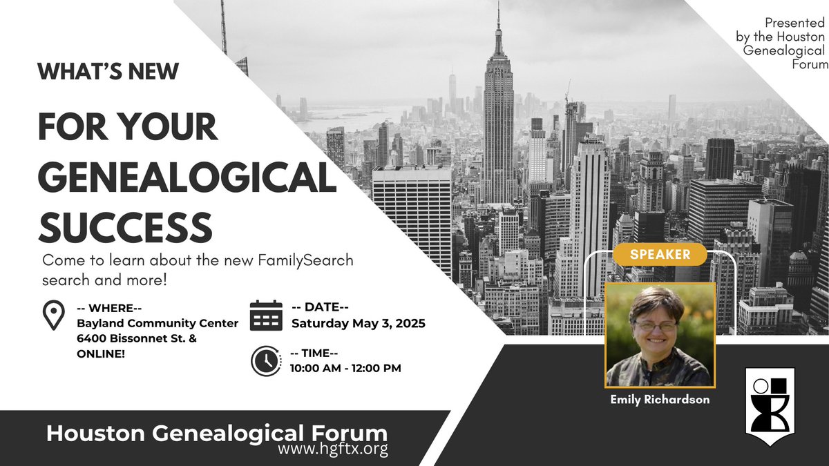 _hgftx_'s tweet image. 🔍 Join us May 3 for FamilySearch: What’s New for Your Genealogical Success with Emily Richardson!

🧬 Learn new search tips, AI tools, and insights!

📍 Online &amp;amp; In-Person at Bayland
🕙 10AM–12PM | 🎟️ FREE
#HGFTX #Genealogy #FamilySearch #FamilyHistory