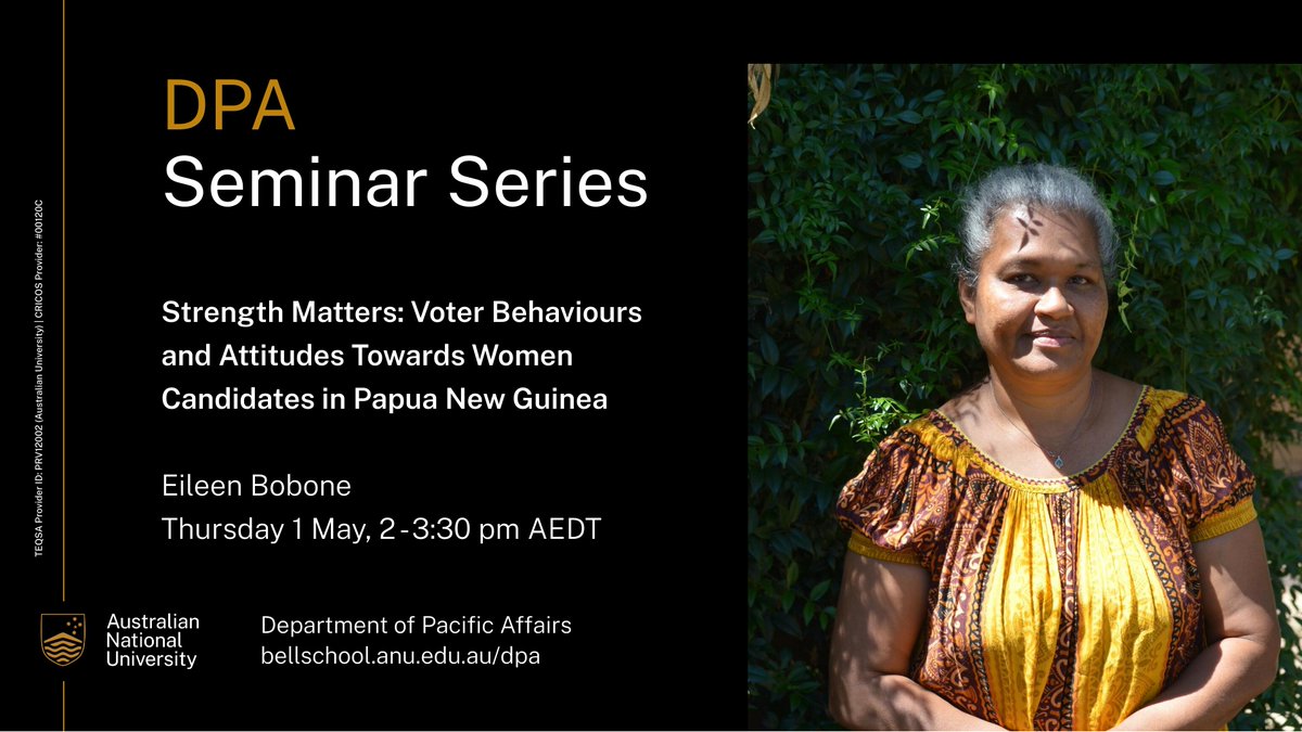 Department of Pacific Affairs (DPA) (@anudpa) on Twitter photo Why have half of PNG’s elected women MPs come from the Southern region? 🗳️
Join Eileen Bobone as she explores voter attitudes, cultural norms, and what it means to be a “strong woman” in PNG politics.
🗓️ Thu, 1 May 2025, 2:00 – 3:30pm
🔗 shorturl.at/ORiOa
<a href="/ANUBellSchool/">ANUBellSchool</a> Why have half of PNG’s elected women MPs come from the Southern region? 🗳️
Join Eileen Bobone as she explores voter attitudes, cultural norms, and what it means to be a “strong woman” in PNG politics.
🗓️ Thu, 1 May 2025, 2:00 – 3:30pm
🔗 shorturl.at/ORiOa
<a href="/ANUBellSchool/">ANUBellSchool</a>