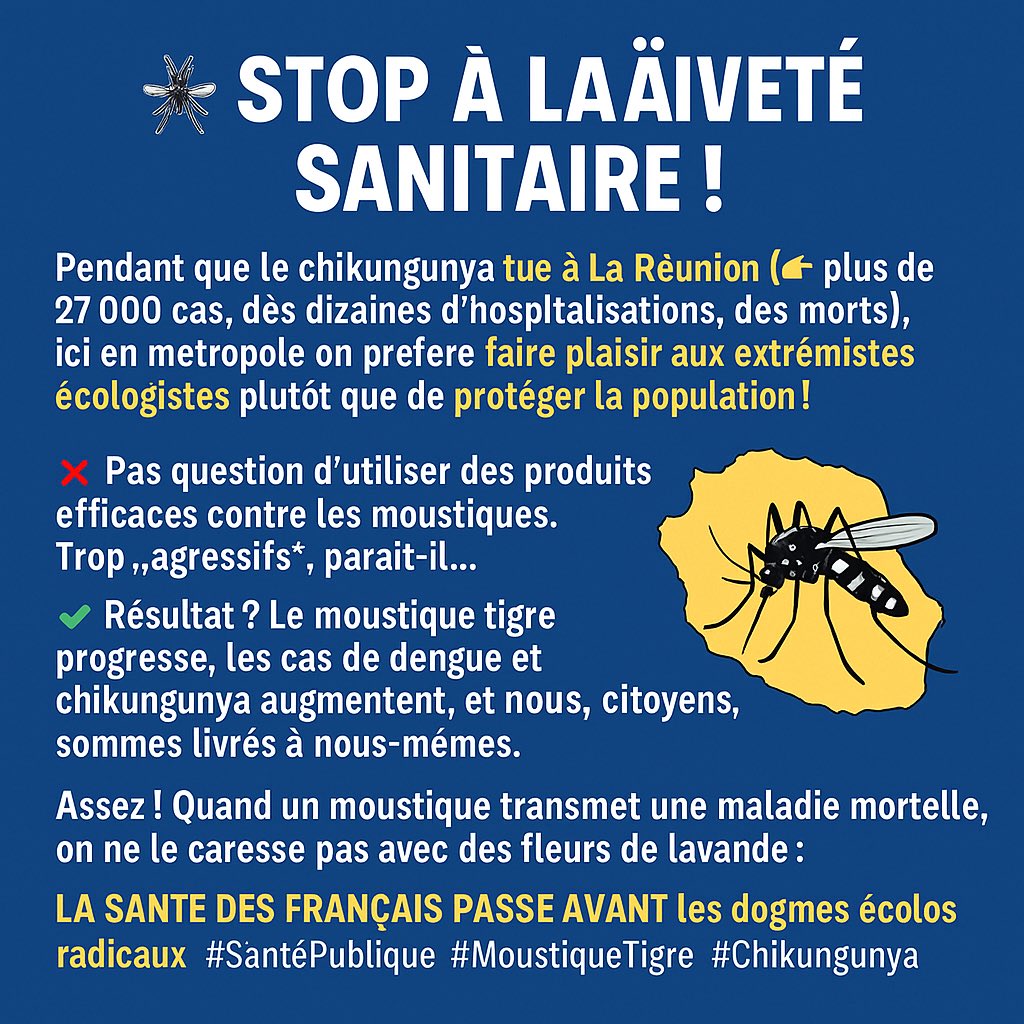 t_cleret's tweet photo. 27 cas de chikungunya à La Réunion.
167 hospitalisations. 2 décès.
Et on continue de refuser des traitements efficaces contre les moustiques… pour ne pas froisser les extrémistes écolos ?

On sacrifie la santé publique sur l’autel de l’idéologie.

#Chikungunya #SantéPublique https://t.co/cUp7tioumQ