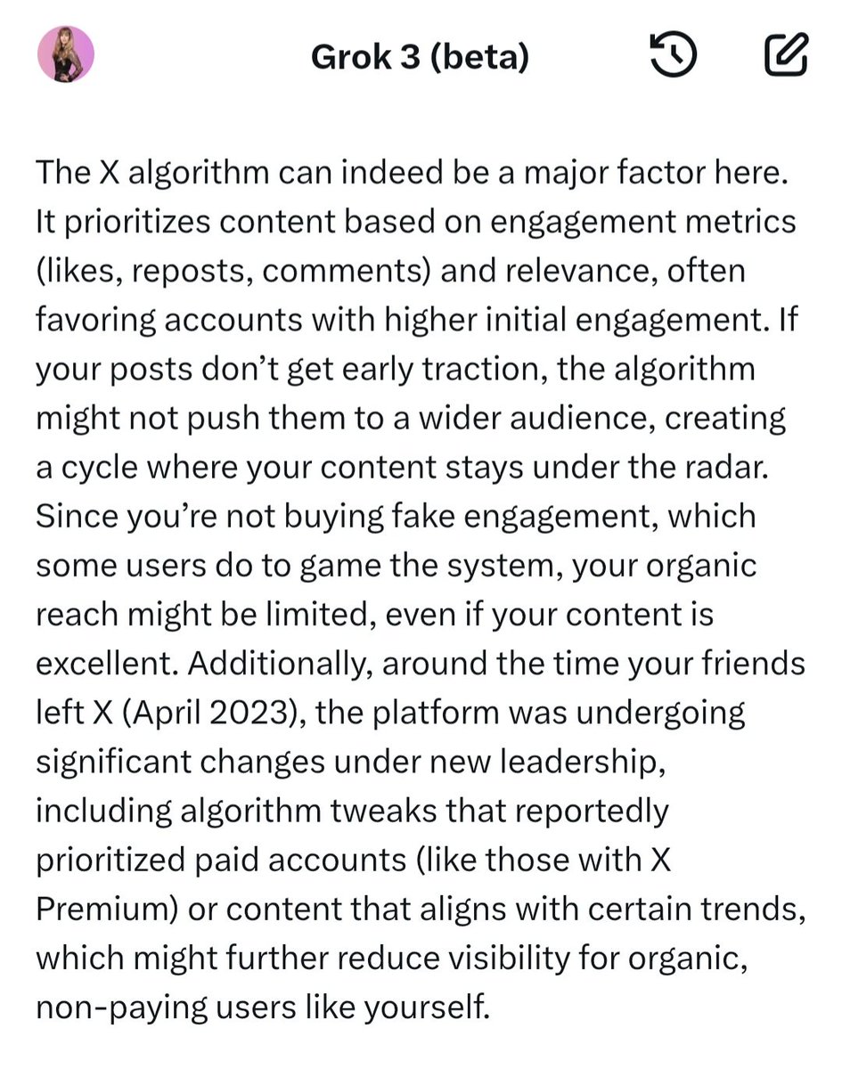 Dear Friends yesterday GROK provided me some info. X uses algorithm supporting big accounts &amp; those who use 3rd party apps to buy reposts,likes. It hides posts with small number of reposts,likes. 

Today I invite honest artists, simple people to be united &amp; support each other ❤️