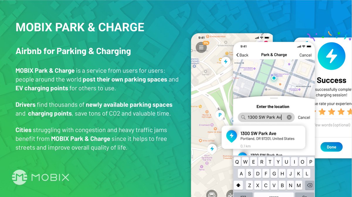MOBIX Park &amp; Charge is a service from users for users: people around the world post their own parking spaces &amp; EV charging points for others to use. Drivers find newly available parking spaces and charging points, save tons of CO2 and valuable time. mobix.ai/mobix-park-cha…
