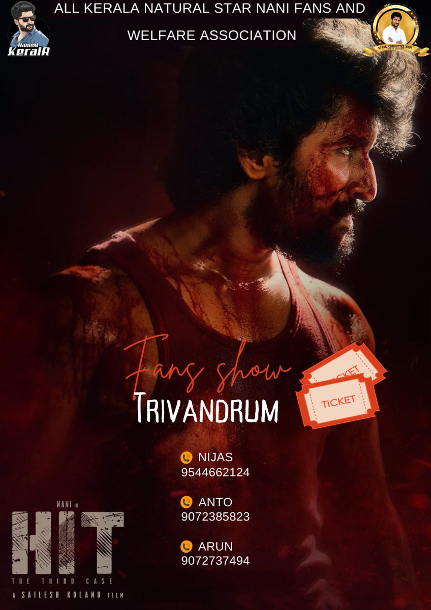 AbGeorge_'s tweet photo. Fans show for Nani's #Hit3 in Kerala 😱🔥

Not 1... 4 fans shows charted as of now in Kerala 🔥

Special fans shows charted in Trivandrum, Alappuzha, Cochin & Thrissur as of now 🔥 More to come 👏 RARE SCENE🔥

DULQUER SALMAAN'S @DQsWayfarerFilm presents @NameisNani's #Hit3 🔥

MAY 1st Release, all over Kerala.
