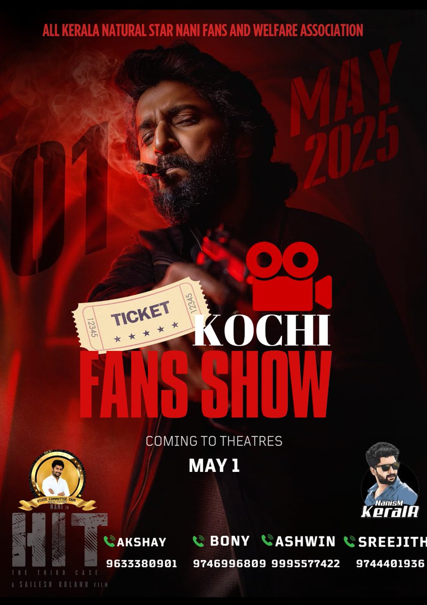 AbGeorge_'s tweet photo. Fans show for Nani's #Hit3 in Kerala 😱🔥

Not 1... 4 fans shows charted as of now in Kerala 🔥

Special fans shows charted in Trivandrum, Alappuzha, Cochin & Thrissur as of now 🔥 More to come 👏 RARE SCENE🔥

DULQUER SALMAAN'S @DQsWayfarerFilm presents @NameisNani's #Hit3 🔥

MAY 1st Release, all over Kerala.