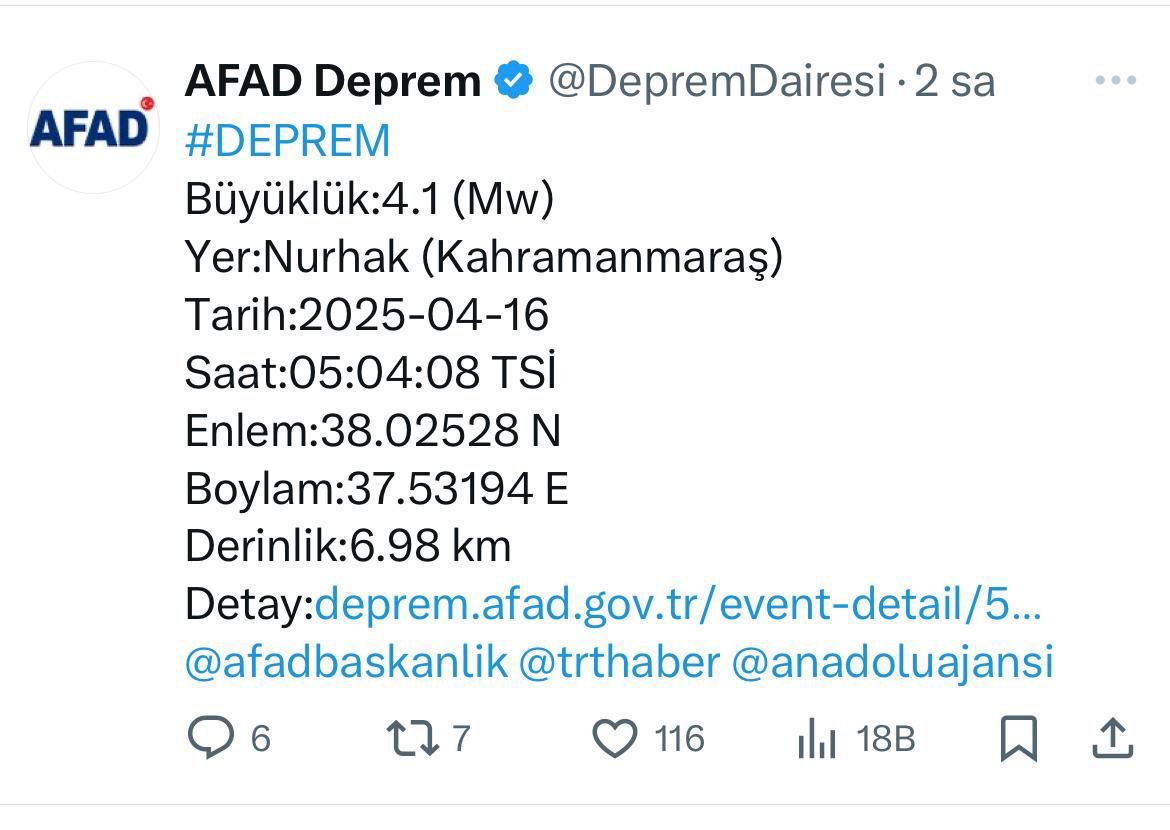 mukerrem_unluer's tweet photo. #Nurhak İlçemizde 4️⃣.1️⃣büyüklüğünde meydana gelen depremde AFAD ve ilgili kurumlarımızın tüm ekipleri saha taramaları için yönlendirilmiştir. An itibari ile olumsuz bir durum bulunmamaktadır.

Depremden etkilenen vatandaşlarımıza geçmiş olsun dileklerimi sunuyorum.

Allah ülkemizi ve milletimizi tüm afetlerden korusun. 

 #Deprem #Afad
@TC_icisleri