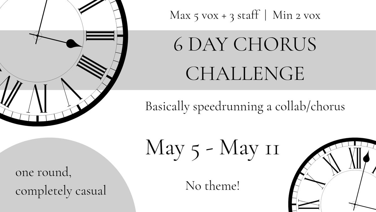 6daycc's tweet photo. 🕒 6 DAY CHORUS CHALLENGE 🕒

May 5 11:59PM - May 11 11:59PM (EST)

additional details + signups in the server!
-> https://t.co/dwEiroXI8K

#6DCC #youtaite https://t.co/ZMn8mzfPr8