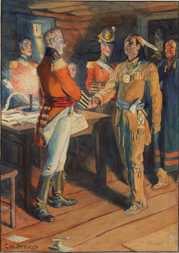 CanadianAesth's tweet image. ‘Meeting of Brock and Tecumseh, 1812’ by Charles William Jefferys (1915)