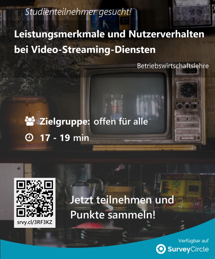 SurveyCircle's tweet image. Teilnehmer gesucht für top-platzierte Online-Studie:

"Leistungsmerkmale und Nutzerverhalten bei Video-Streaming-Diensten" surveycircle.com/3RF3KZ/ via @SurveyCircle #fomhochschule

#videostreaming #leistungsmerkmale #streaming #nutzerverhalten #VideoOnDemand