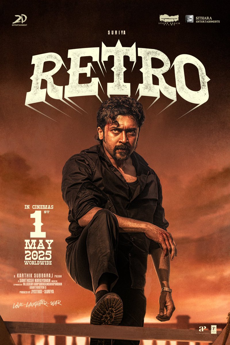 Sithara Entertainments (@sitharaents) on Twitter photo Love. Laughter. War
Total Destruction 🔥
#RETRO begins the rampage from May 1st.💥💥
#RetroFromMay1 #LoveLaughterWar
@Suriya_Offl #Jyotika <a href="/karthiksubbaraj/">karthik subbaraj</a> <a href="/hegdepooja/">Pooja Hegde</a> <a href="/Music_Santhosh/">Santhosh Narayanan</a> <a href="/prakashraaj/">Prakash Raj</a> <a href="/C_I_N_E_M_A_A/">joju george</a> <a href="/rajsekarpandian/">Rajsekar Pandian</a> <a href="/kaarthekeyens/">Kaarthekeyen S</a> <a href="/kshreyaas/">shreyaas krishna</a> <a href="/cheps911/">shafique mohamed ali</a> <a href="/jacki_art/">Jackson</a> Love. Laughter. War
Total Destruction 🔥
#RETRO begins the rampage from May 1st.💥💥
#RetroFromMay1 #LoveLaughterWar
@Suriya_Offl #Jyotika <a href="/karthiksubbaraj/">karthik subbaraj</a> <a href="/hegdepooja/">Pooja Hegde</a> <a href="/Music_Santhosh/">Santhosh Narayanan</a> <a href="/prakashraaj/">Prakash Raj</a> <a href="/C_I_N_E_M_A_A/">joju george</a> <a href="/rajsekarpandian/">Rajsekar Pandian</a> <a href="/kaarthekeyens/">Kaarthekeyen S</a> <a href="/kshreyaas/">shreyaas krishna</a> <a href="/cheps911/">shafique mohamed ali</a> <a href="/jacki_art/">Jackson</a>