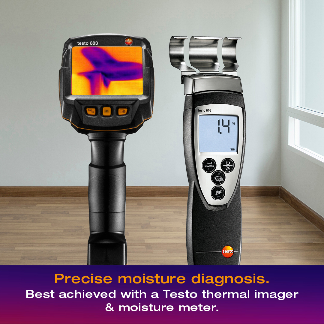 TestoIndia's tweet photo. When detecting moisture damage, we recommend supplementing thermal imagers 🎥 with spot measurements using a material moisture meter. Ideal for building professionals: The testo 883-2 thermal imager with the testo 616 measuring instrument. Know more: https://t.co/FpeefABCoN https://t.co/bYmsw7bAOr
