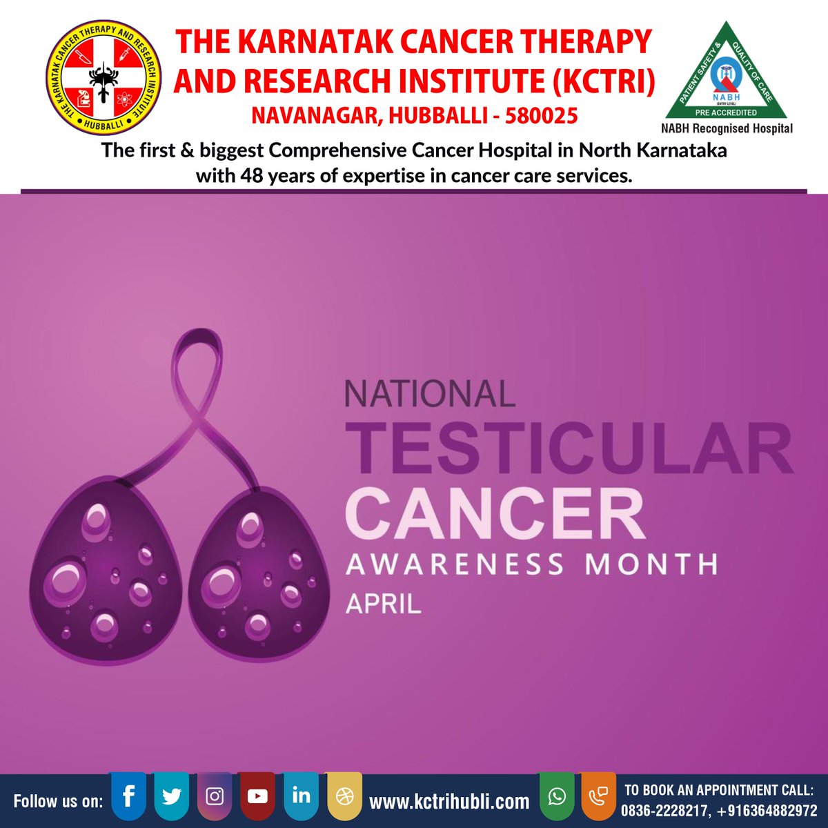 KctriHubballi's tweet photo. April is #TesticularCancerAwarenessMonth 🎗️
Young men (15–35), check yourself!
✅ Lump or swelling
✅ Heaviness
✅ Ache in groin
Early detection = high survival.
Talk. Check. Share. Save lives. 💙
#MensHealth #CheckYourBalls #CancerAwareness #KCTRI #kctrihubli https://t.co/8yJCg2lk9H