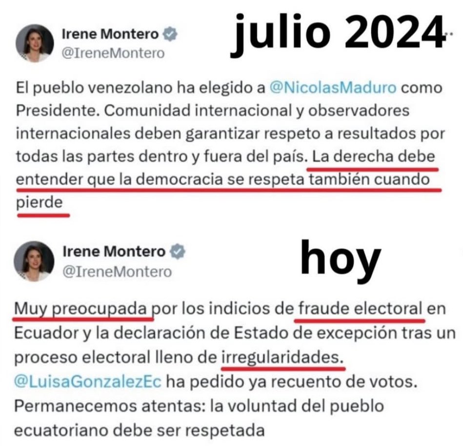 Hay algo más ridículo que un zurdo español? 

Que gente más incongruente y nefasta. 

La líder del ultracomunismo hambreador <a href="/IreneMontero/">Irene Montero</a> defiende el “fraude” SIN pruebas en #Ecuador pero respeta el robo CON pruebas en #Venezuela.