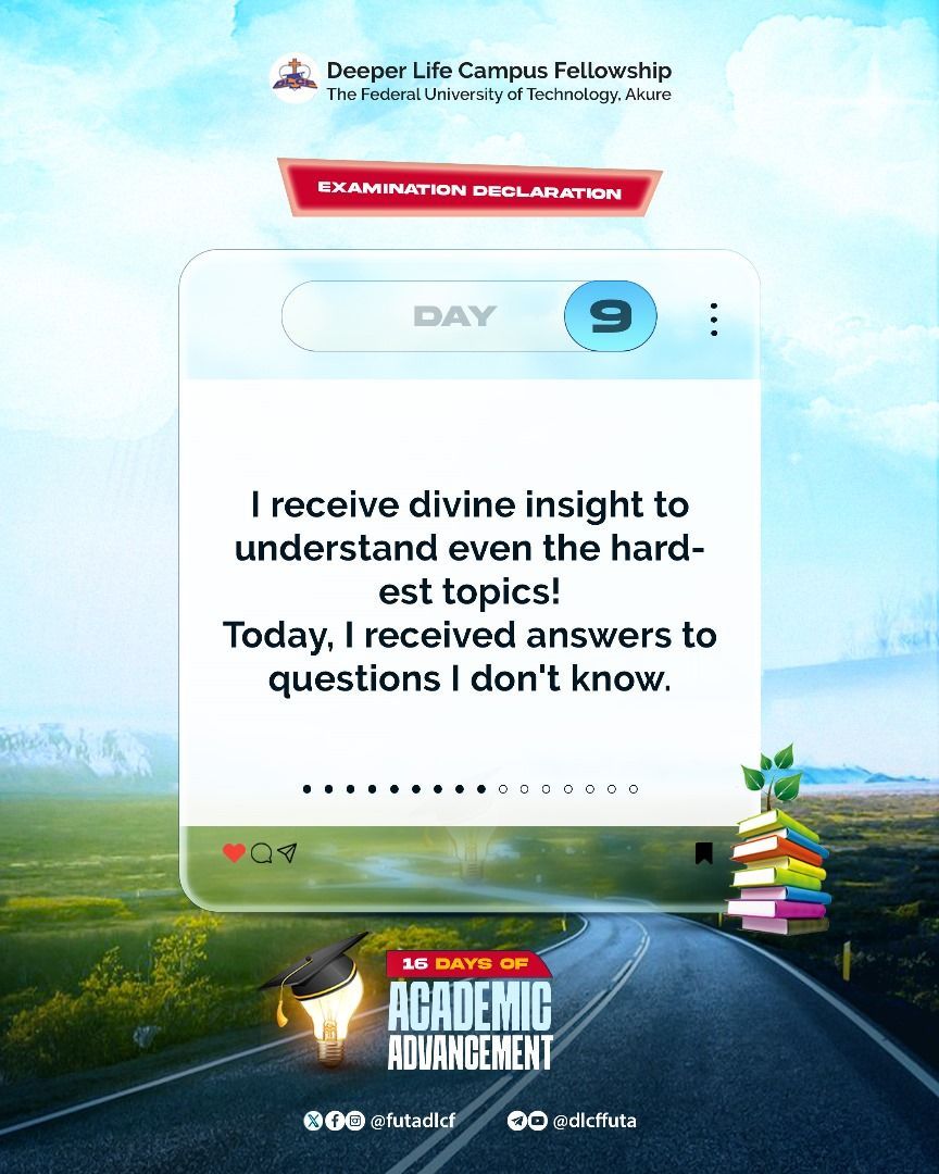 FutaDlcf's tweet photo. ππ Examination Day 9 π§ ποΈ
I walk into the exam hall with boldness and write with sharp clarity and divine understanding. πͺβ¨π
#ExamDeclaration #iwrite5dotΒ #dlcffuta https://t.co/Oc1P92QFQZ