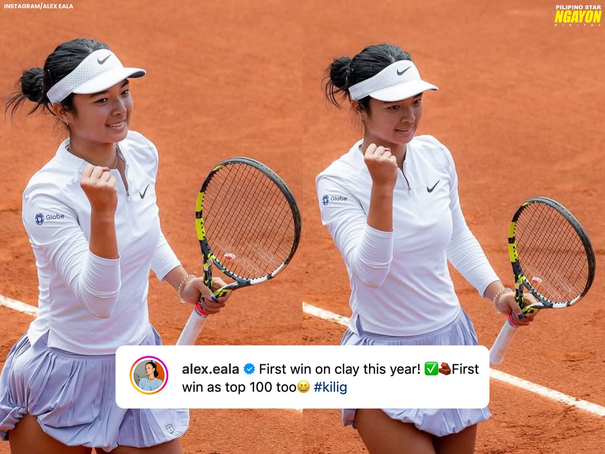 psngayondigital's tweet image. ‘FIRST WIN AS TOP 100’ 

Iyan ang saad ng Filipina tennis star na si Alex Eala matapos mag-upload sa Instagram ng ilan niyang photos mula sa Oeiras Ladies Open sa Portugal. 

“First win on clay this year! ✅🧱 First win as top 100 too😆 #kilig,” pahayag nito sa kanyang post.